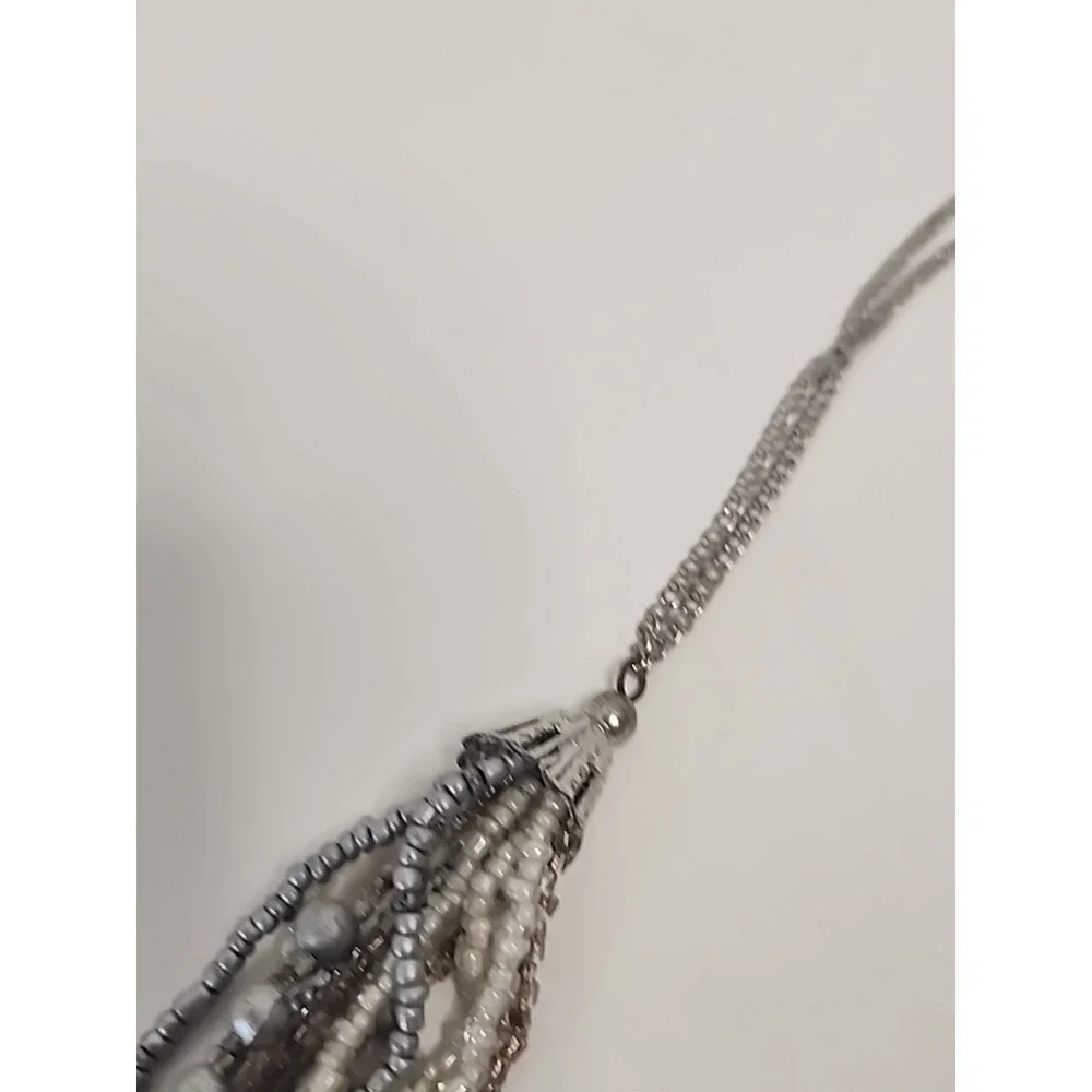 Mutli-Strand Layered Bib Necklace Silver Tones‎ W/ Glass Seed Beads 30
